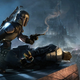An armored bounty hunter stands over his capture prey in a bleak, futuristic city.